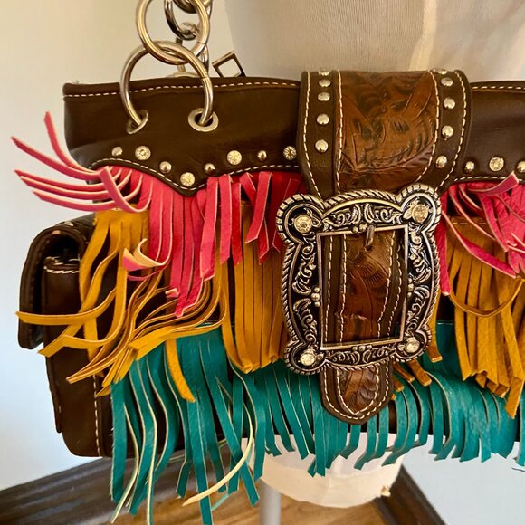 Montana West VTG Look Conceal Carry Handbag Purse Fringe Buckle Stud Chain Leath - Picture 4 of 15